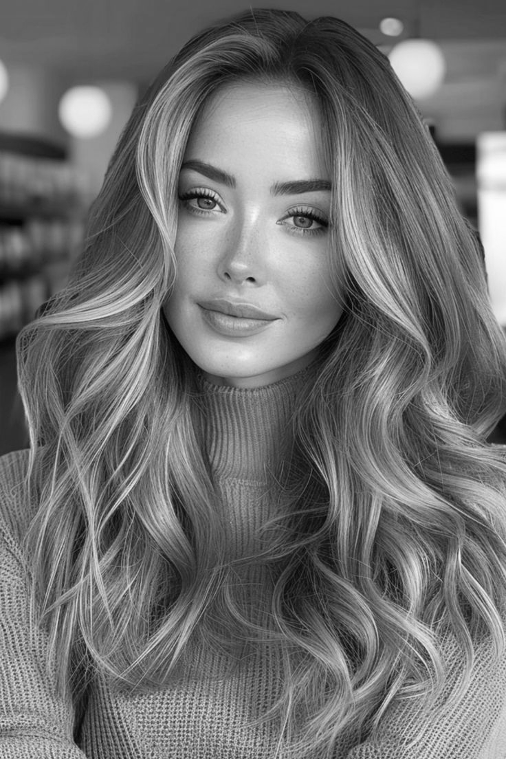 Woman with long wavy hair, wearing a turtleneck sweater, smiles at the camera. Soft focus background.