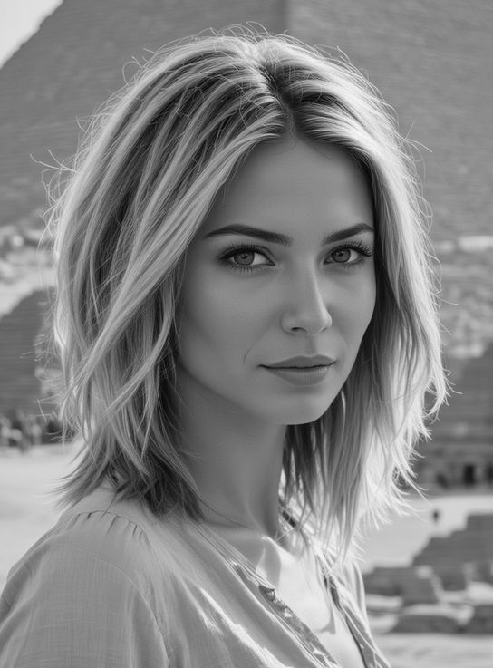 Woman with blonde, wavy hair in front of pyramids.