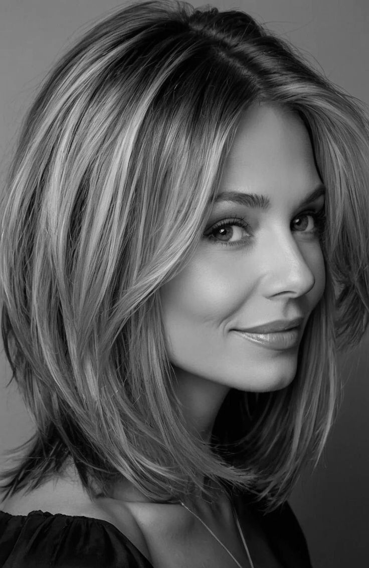 Woman with layered bob haircut, smiling, looking to the side. Black and white portrait.