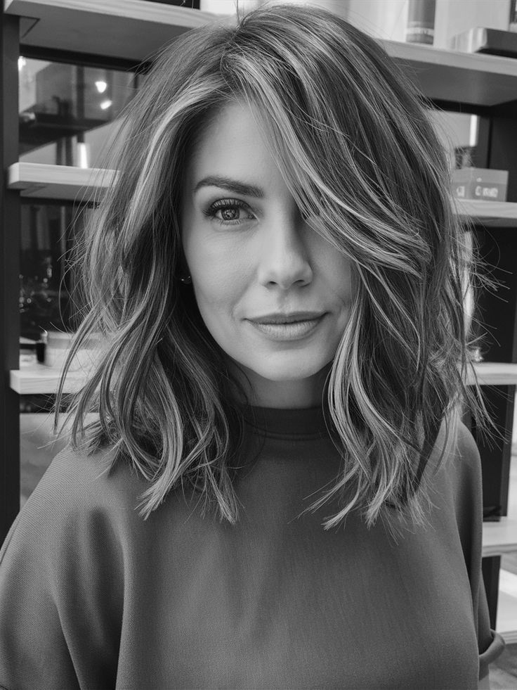 Woman with layered, wavy bob and highlights. Smiling, neutral expression.