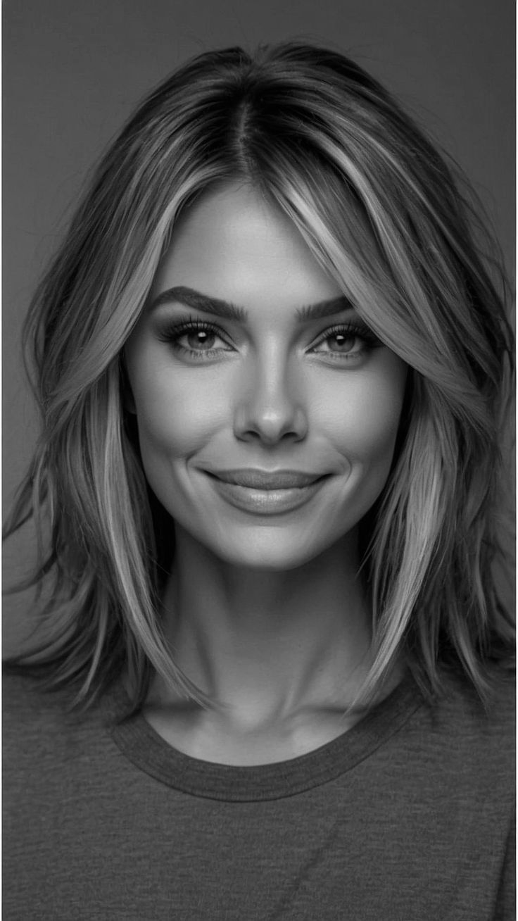 Woman with highlighted hair, smiling, looking at the camera. Black and white portrait.