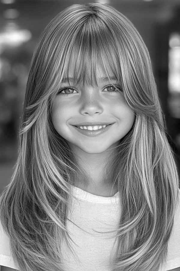 Young girl with long layered blonde hair and bangs smiles at the camera.