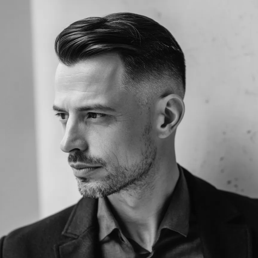 Man with slicked-back hair and a faded haircut, looking to the side. Wearing a suit jacket.