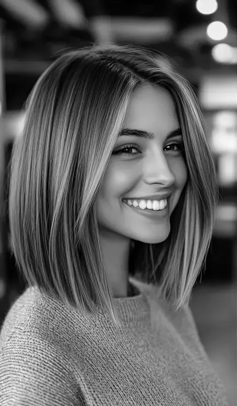 Woman with wavy, layered bob, looking towards the camera, salon background.