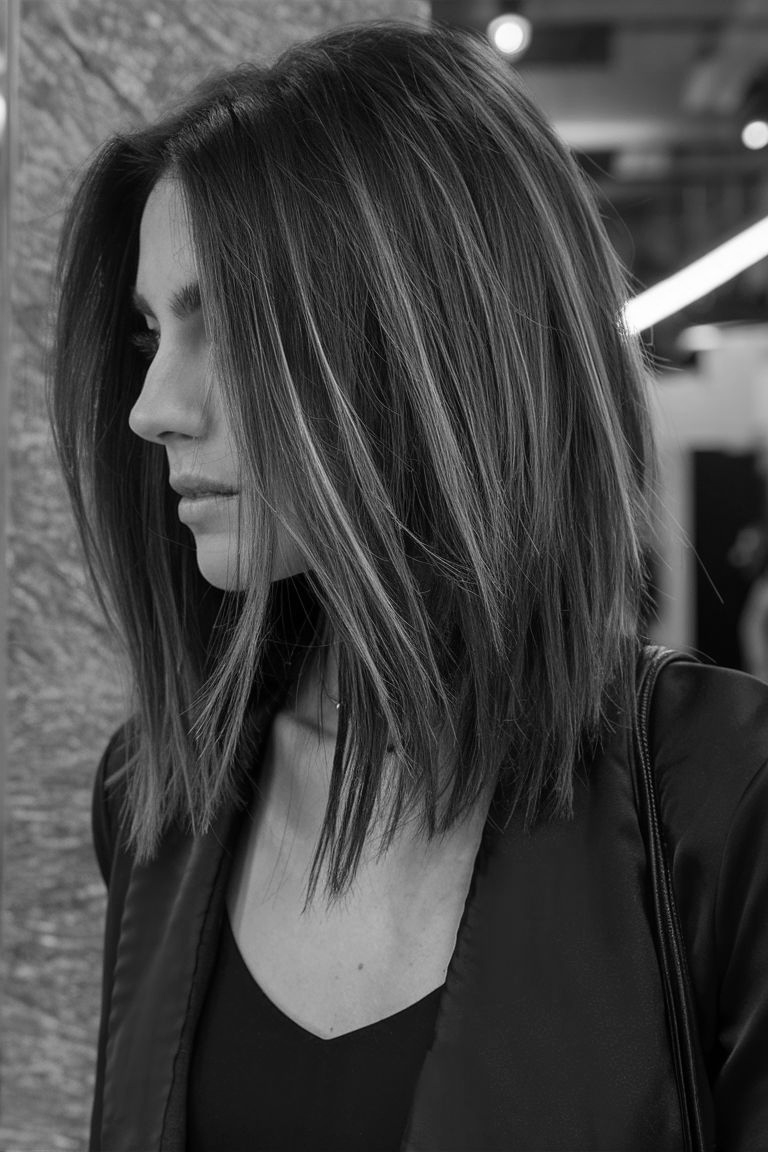 Woman with shoulder-length hair looking left, wearing a black jacket, indoors.