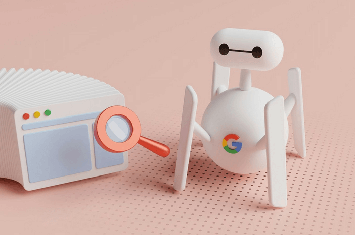 White robot with Google logo examines a website with a magnifying glass on a pink background.