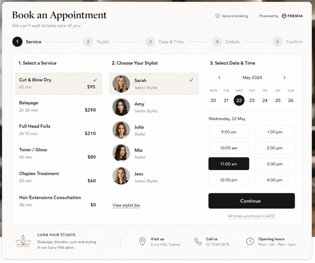 Appointment booking interface with dates, hairdresser selection, time slots, and a black “Book now” button