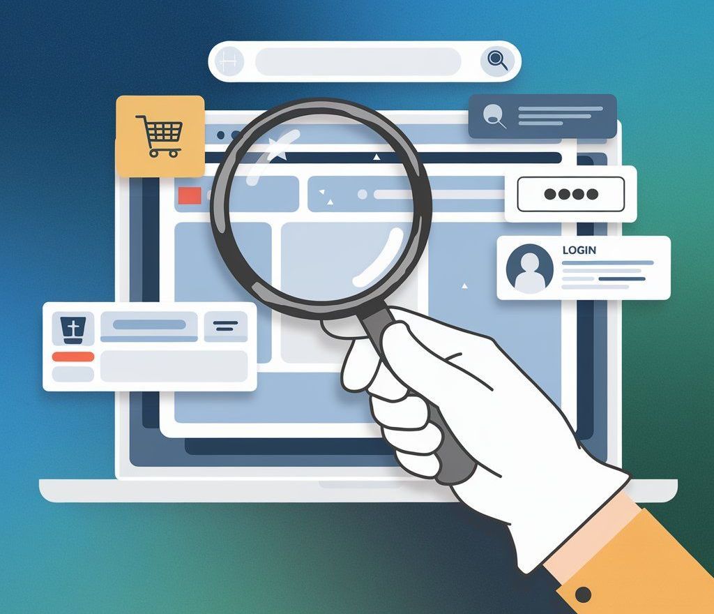 An illustration of a hand holding a magnifying glass, hovering over a laptop screen looking for common website mistakes. There are multiple items on the laptop screen, including a shopping cart icon, a search bar, a hamburger menu, a profile picture, and a login button. The hand is wearing a white glove.