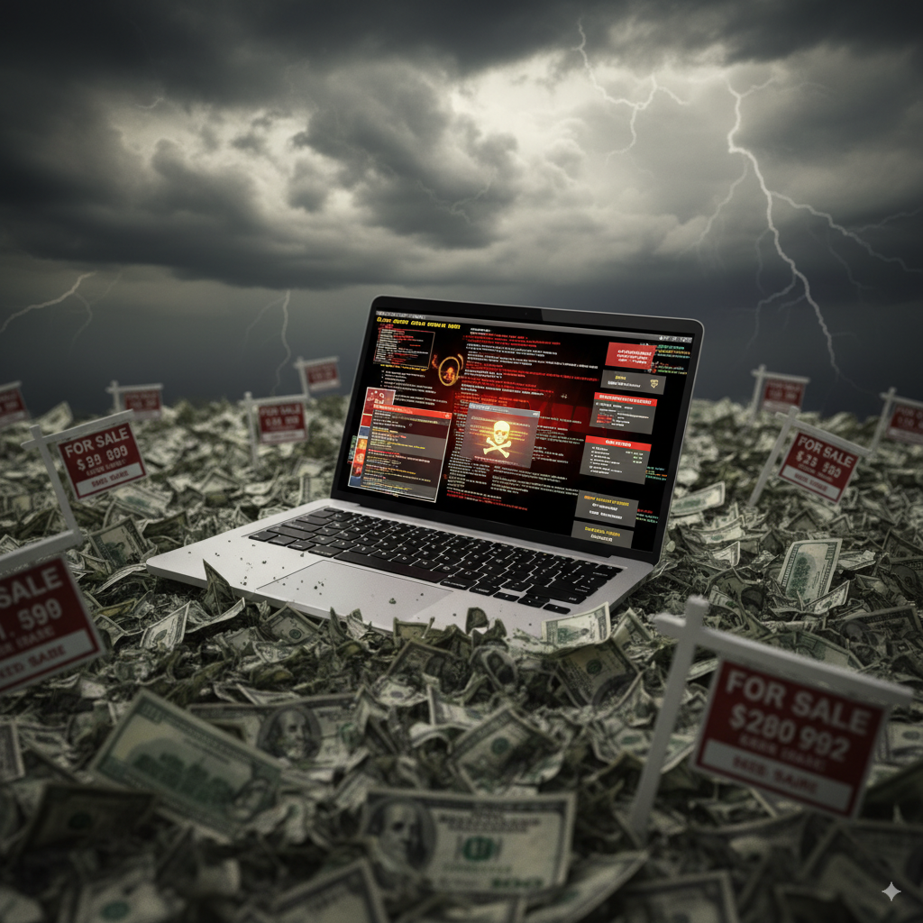 Laptop amid cash under a stormy sky with lightning, for sale signs, and a skull icon.