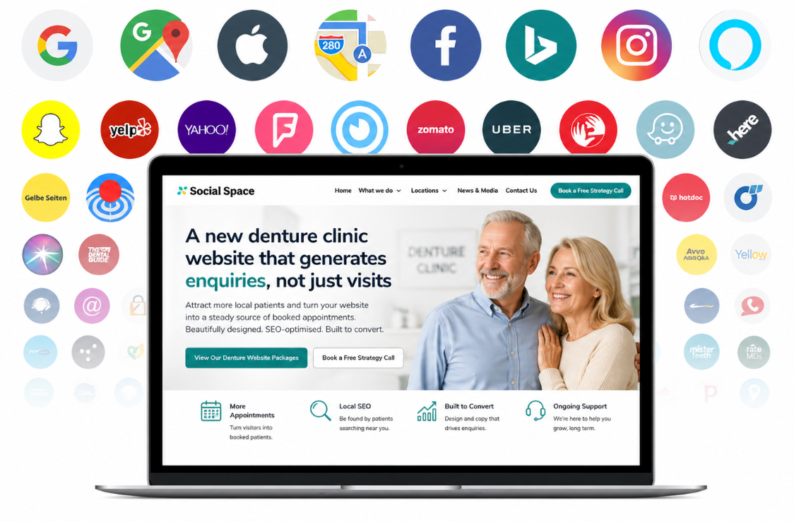 Laptop displaying a dental website homepage with smiling couple and teal call-to-action button