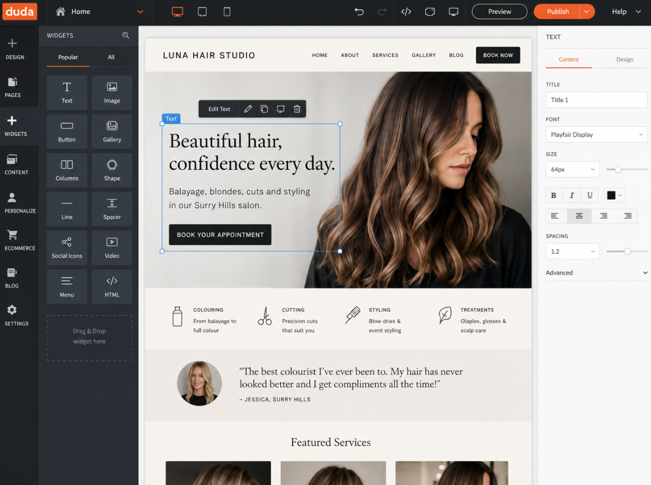 Hair salon website editor showing a homepage with a woman’s photo and text layout controls
