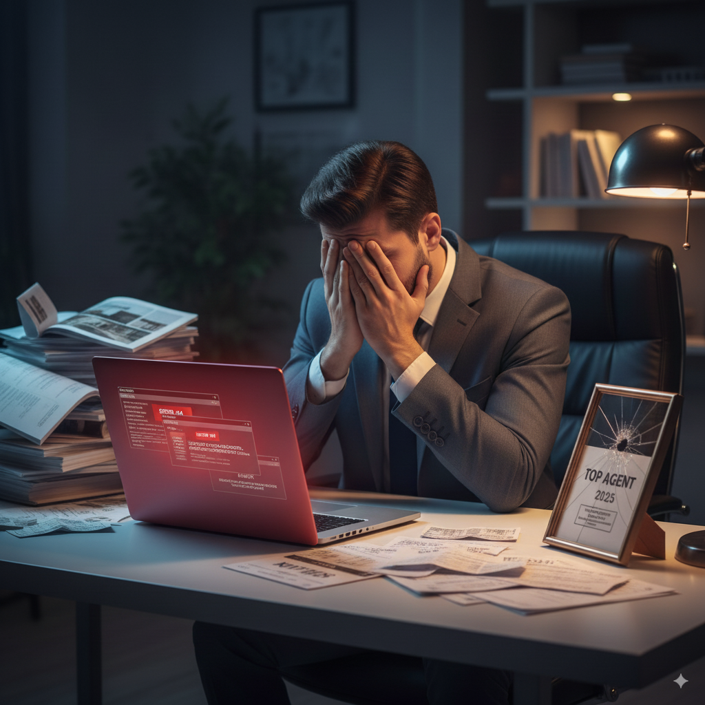Estate Agent Man in suit, distressed, at desk with laptop showing red error screen, surrounded by paperwork.