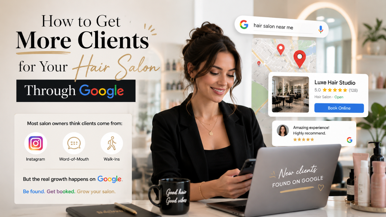Woman at laptop in beauty salon ad showing Google marketing tips and client growth graphics.