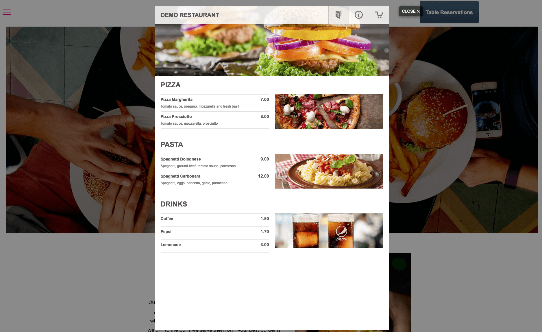Image of Website with a menu booking system