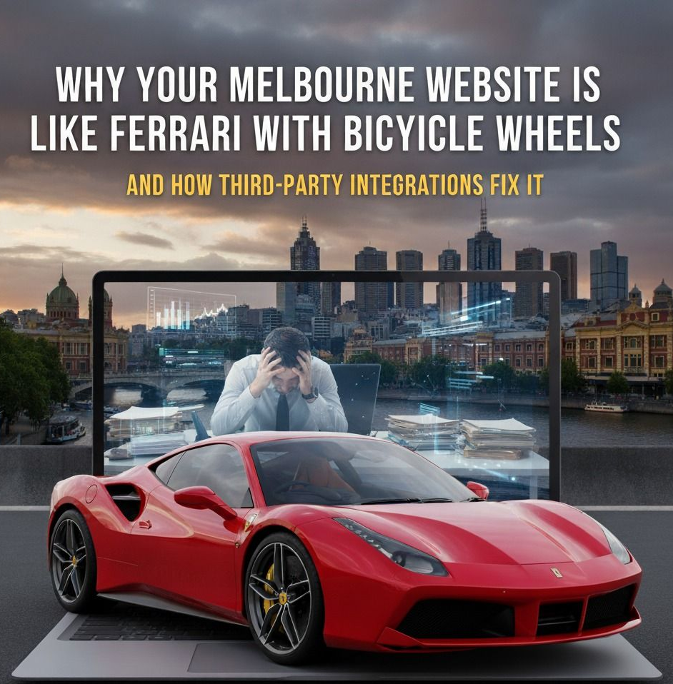 A red Ferrari with bicycle wheels in front of a Melbourne background with a stressed person using a laptop.