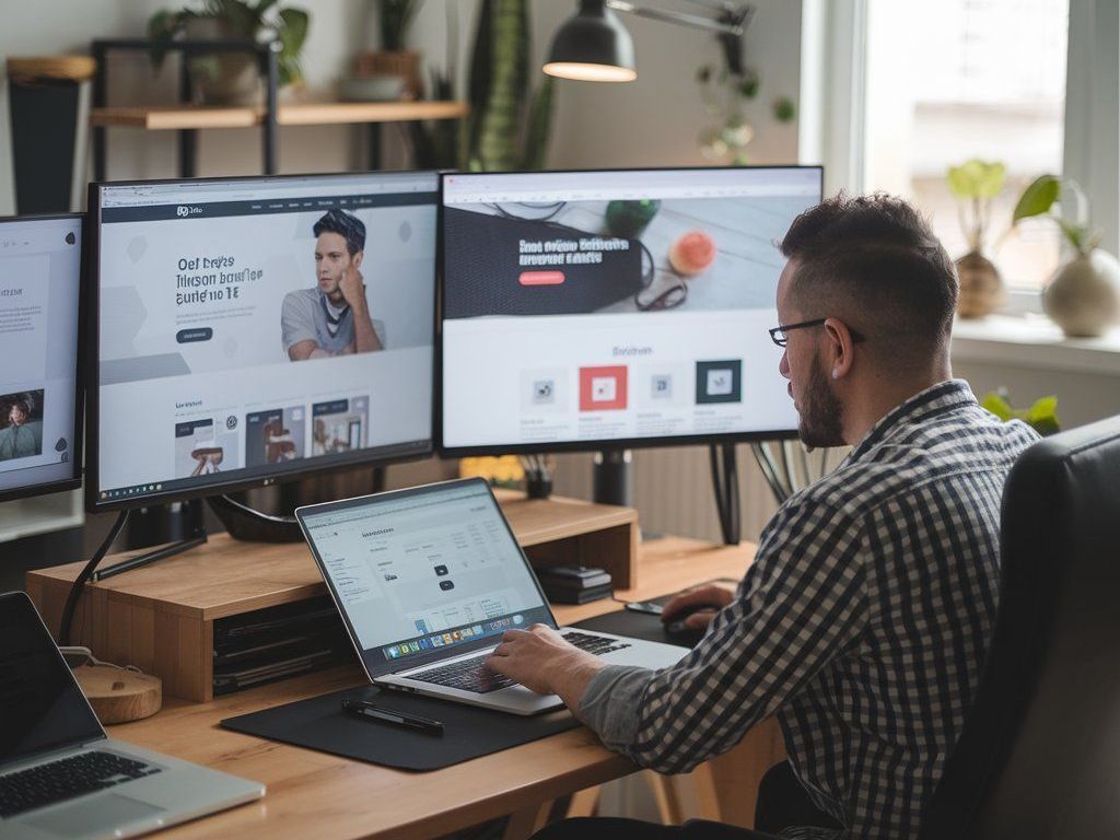 A photo of a local web designer based in Melbourne Australia working on a new website. The designer is sitting behind a desk, with a laptop open in front of him. There are multiple monitors on the desk, displaying different parts of the website.