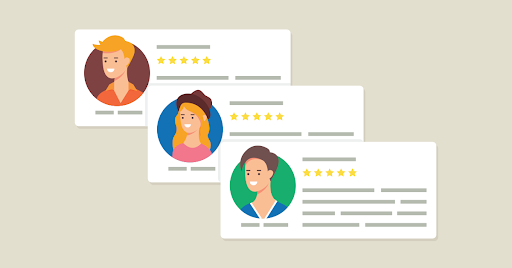 Customer testimonials with cartoon avatars and five-star ratings on a neutral background. https://www.salesforce.com/ca/blog/mine-gold-out-of-customer-testimonials/