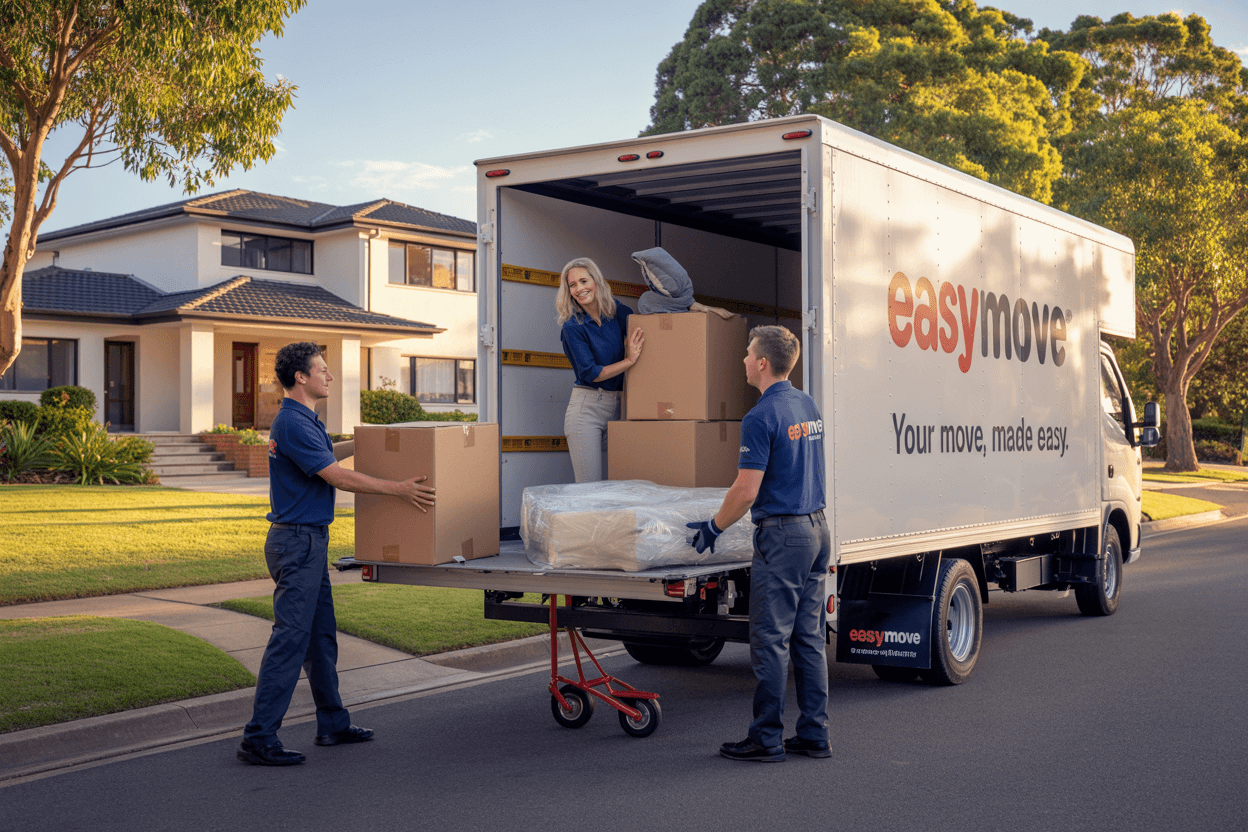 Professional house removalists load labelled moving boxes and a wrapped sofa into a clean white moving truck outside a modern Australian suburban home. Two workers in navy polo shirts and work pants handle items with care using a dolly and moving blankets.