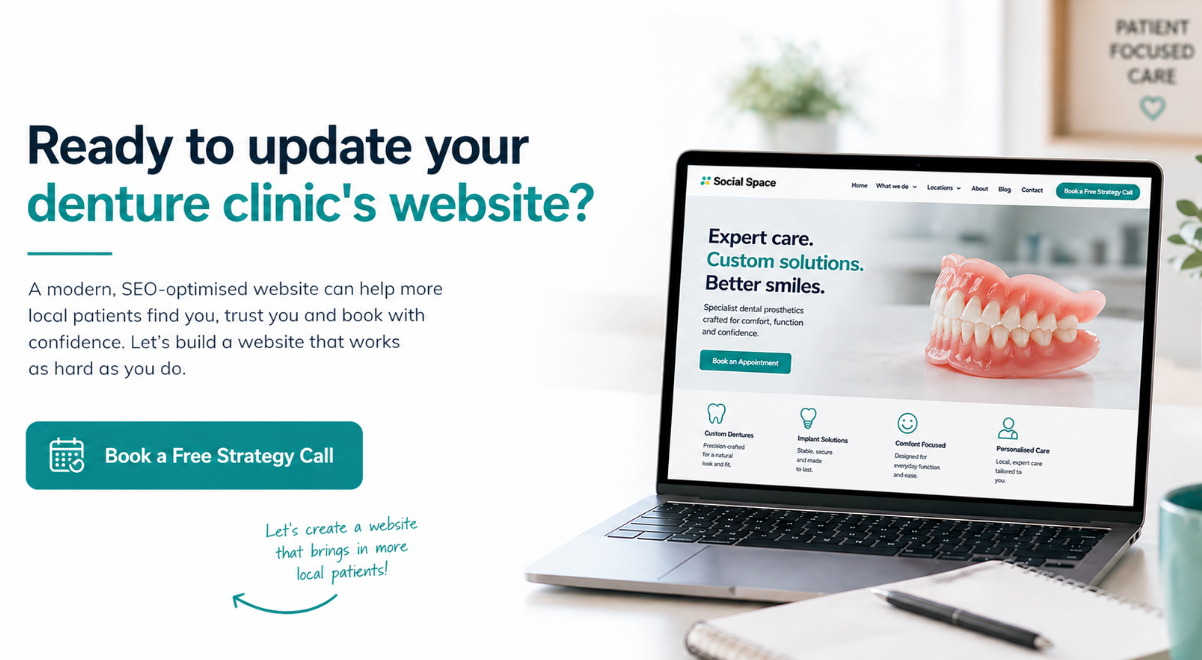 Promotional banner for a denture clinic website update, showing a laptop with a denture webpage and teal call-to-action button