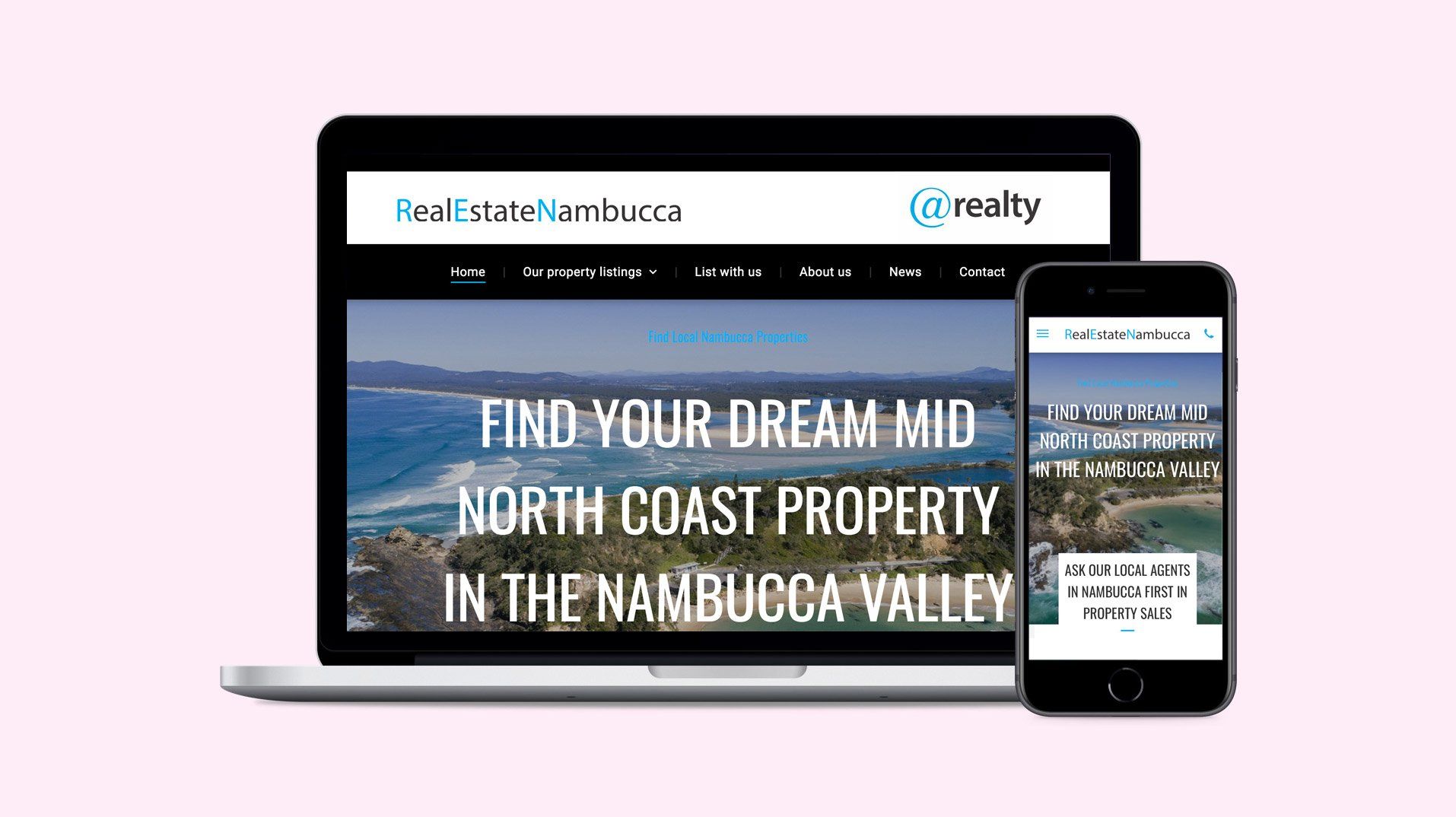 Real estate Nabucca Heads webdesign on desktop & mobile phone views (home page)