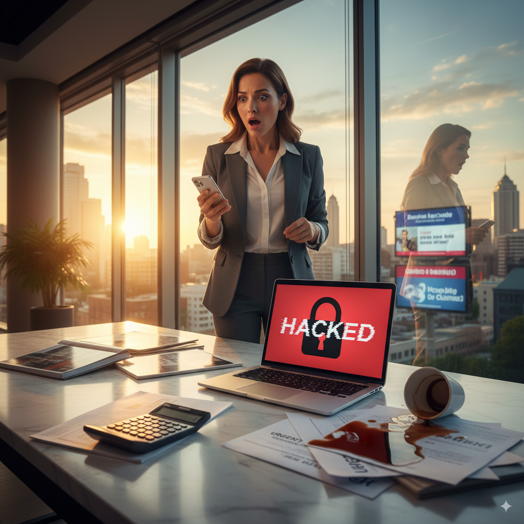 Real Estate Woman shocked in office at hacked laptop, spilled coffee, with city view.