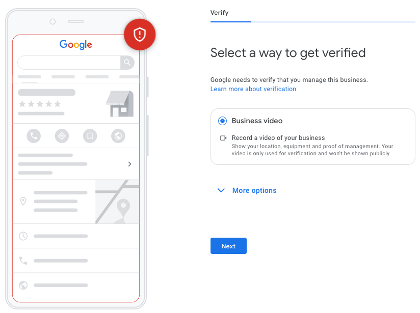 'Select a way to get verified' by video verification error message form Google Business Profile