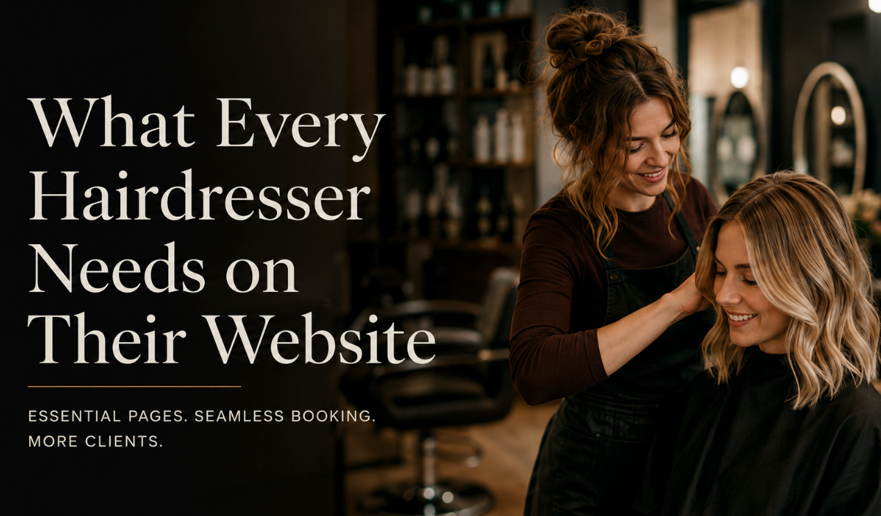 Hairdresser styling a smiling client beside text: “What Every Hairdresser Needs on Their Website”
