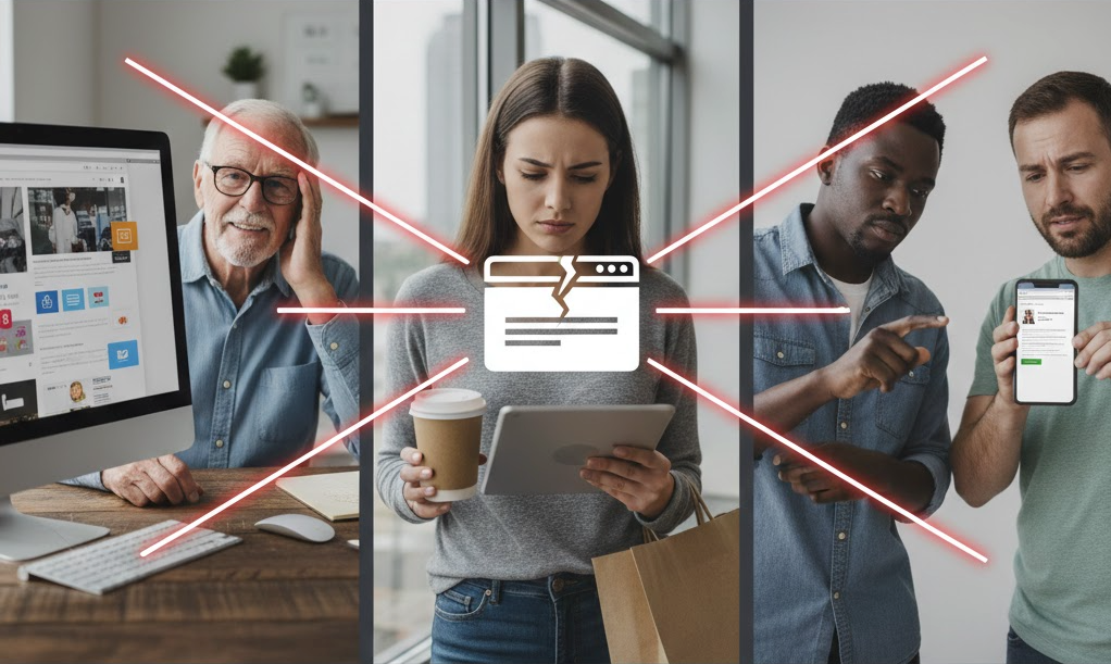 People looking at screens, connected by lines to a broken web page icon, suggesting website problems.