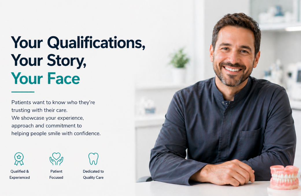Smiling man seated at a desk beside text reading “Your Qualifications, Your Story, Your Face.”