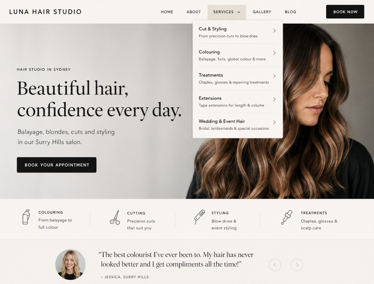 Hair salon homepage with woman’s face, highlighting the sites Services 'dropdown menu'.