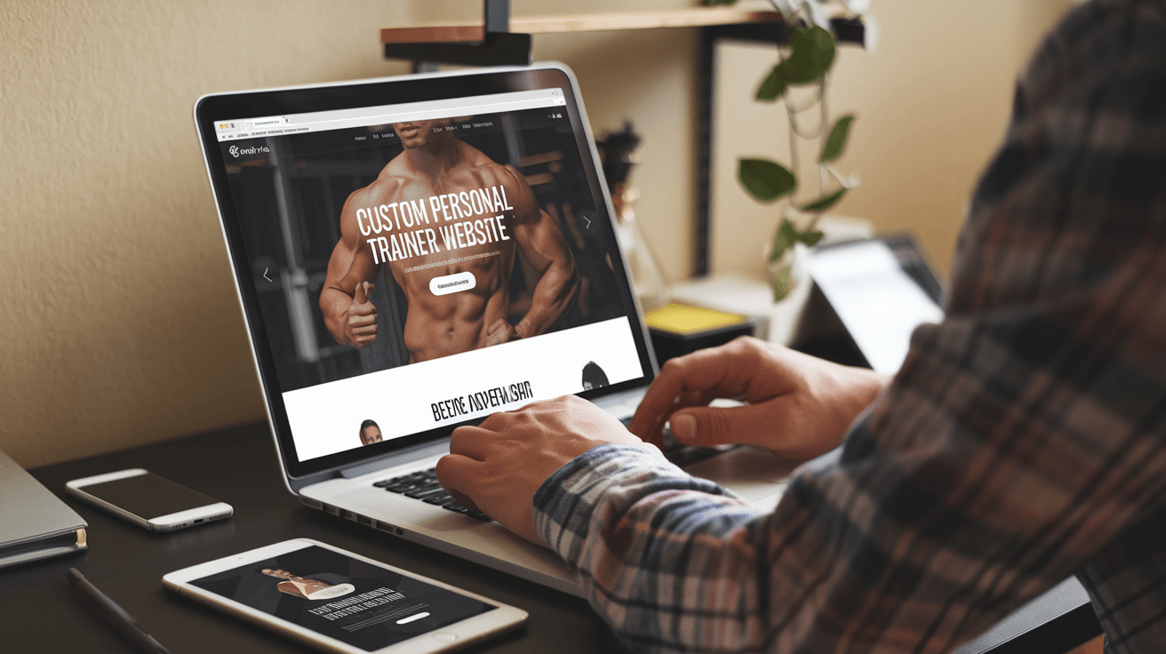 A web designer is creating a custom personal trainer website on a laptop.