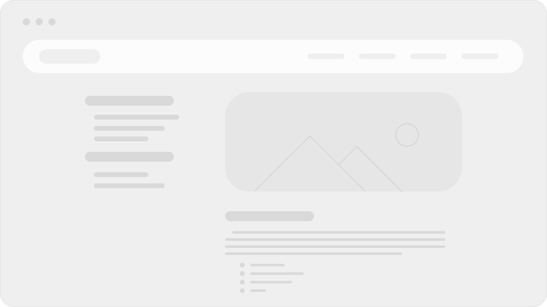 Website mockup with search bar, navigation, main content area, and loading indicator.