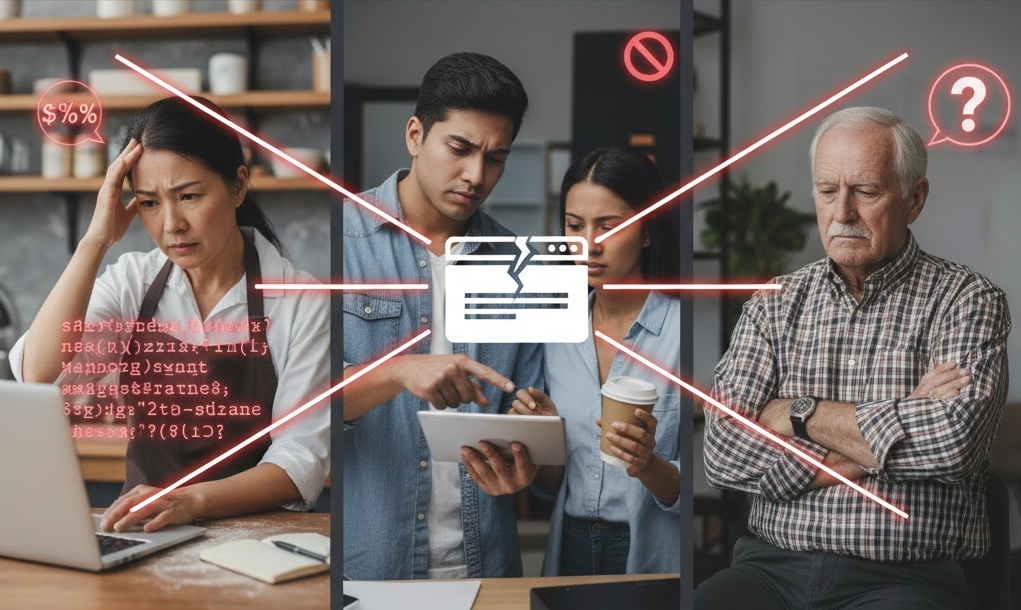 People frustrated by tech issues, crossed out by red lines; a laptop, tablet, and question mark present.