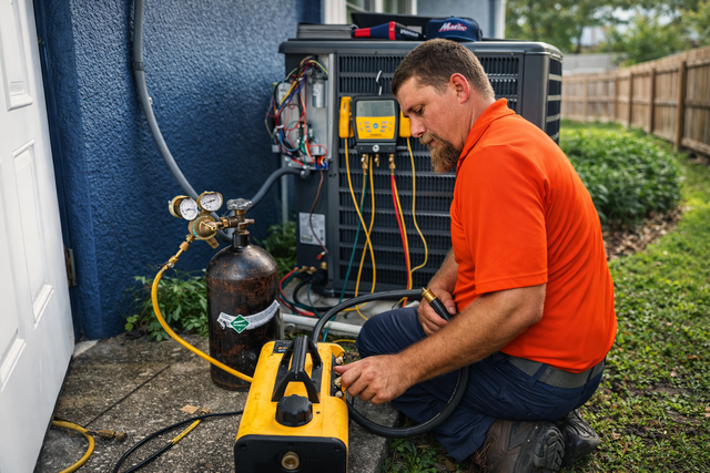 A technician in an orange shirt kneels outdoors, using tools to service a residential air conditioning unit.
