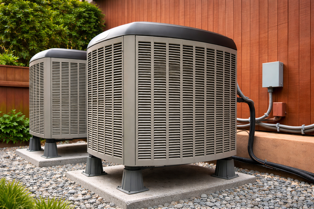 Two outdoor HVAC condenser units sit on concrete pads on a gravel surface next to a brown wood-paneled wall.