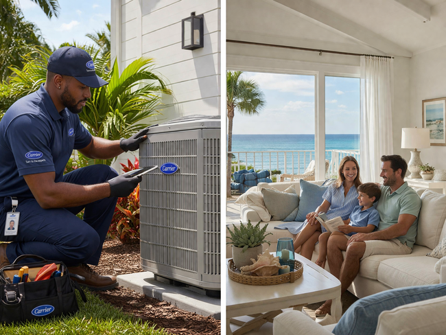 A technician services an outdoor AC unit while a family relaxes comfortably inside their coastal home.