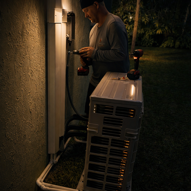 A technician using a drill to install equipment on an exterior wall next to an outdoor air conditioning unit at night.