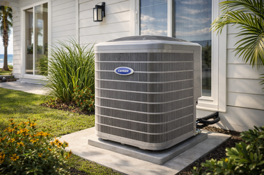 A light gray HVAC unit sits on a concrete pad next to a white house with a sliding glass door and coastal landscaping.
