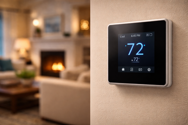A digital smart thermostat mounted on a textured beige wall, displaying 72 degrees with a blurred living room in the back.