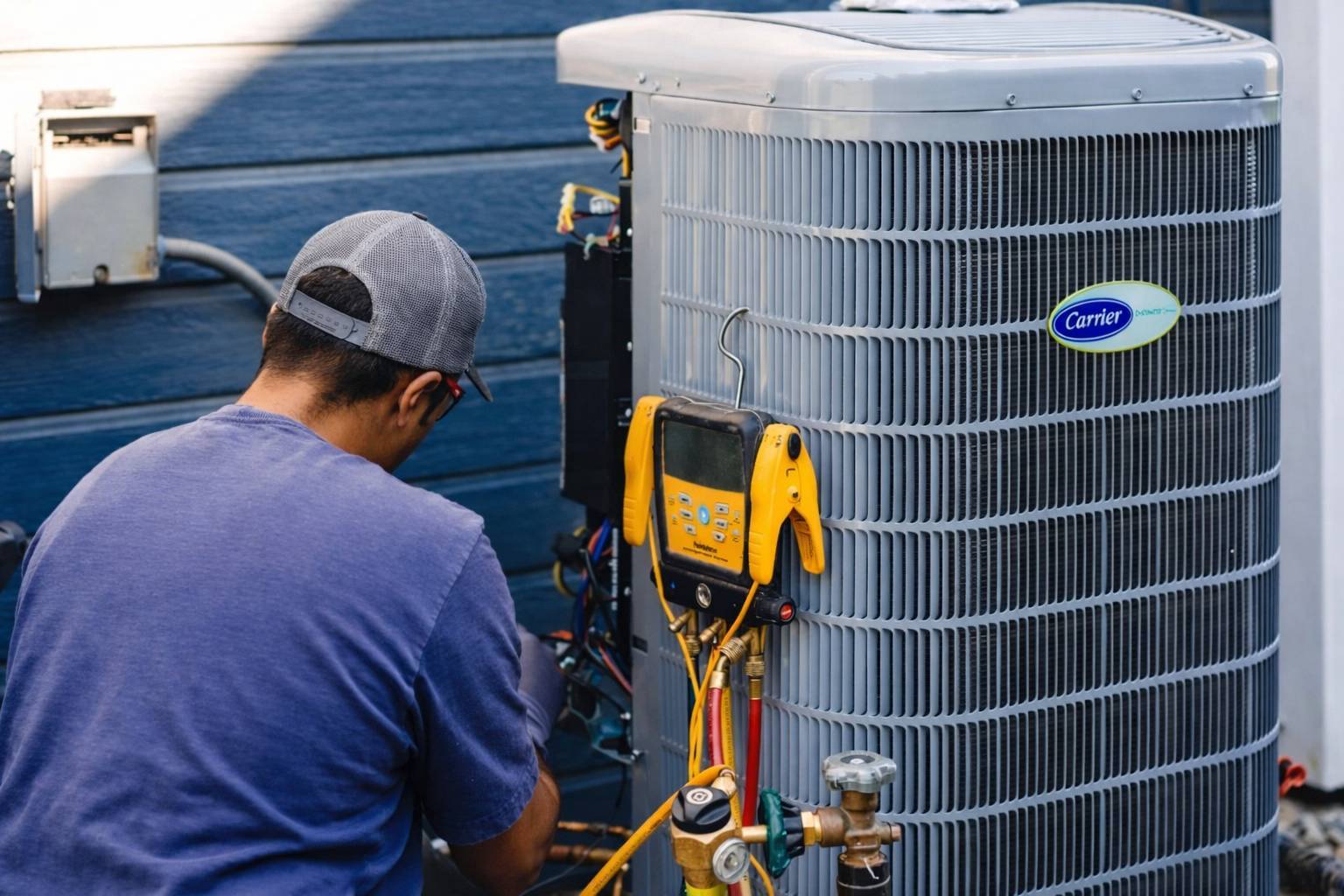 A technician in a blue shirt repairs a gray Carrier air conditioning unit outside a home.