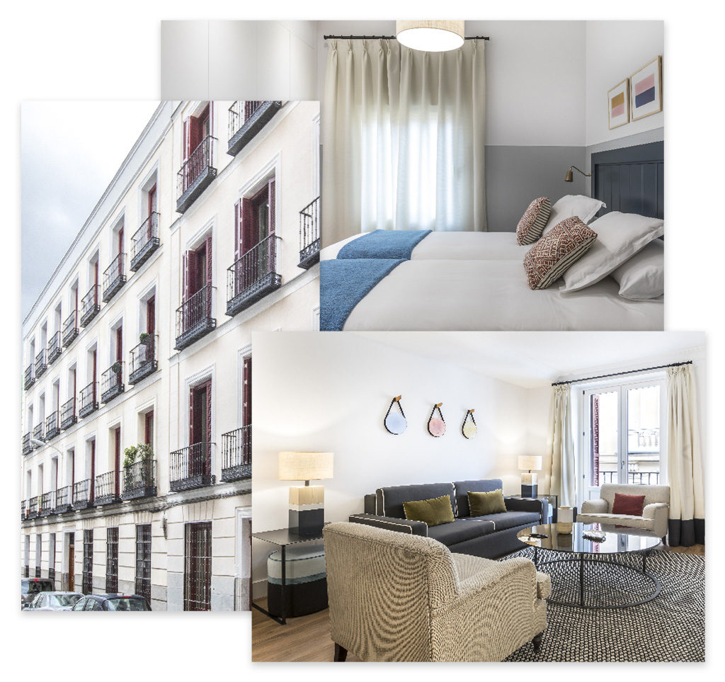 Collage de un edificio con exterior blanco y dos interiores luminosos de habitaciones de hotel modernas.