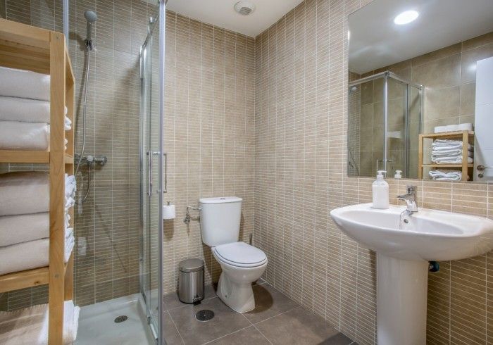 Baño moderno con ducha, inodoro, lavabo y paredes alicatadas.