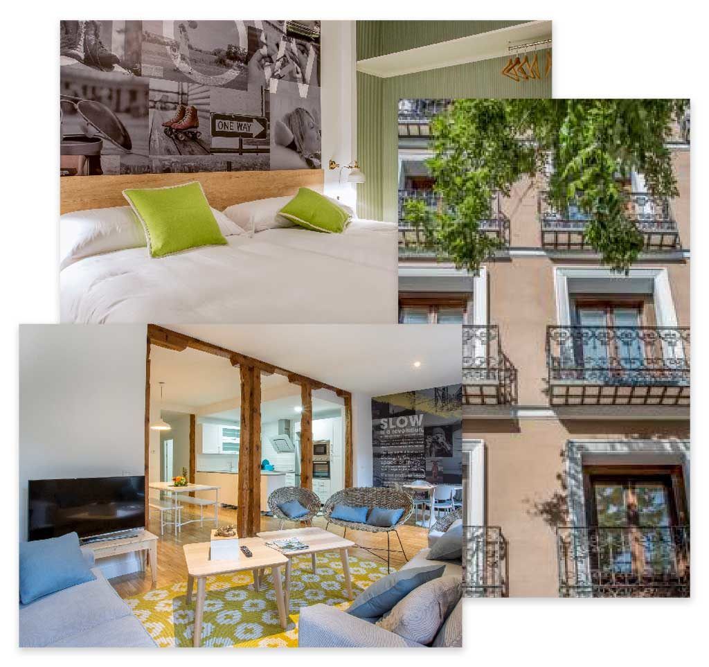 Collage de un luminoso apartamento: dormitorio, sala de estar, balcón con vegetación y fachada exterior.