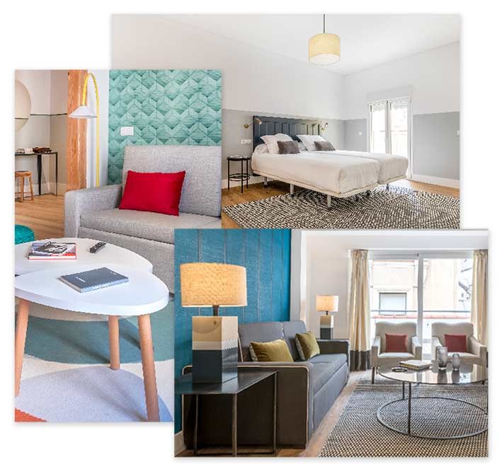 Collage de un dormitorio y una sala de estar modernos con detalles en verde azulado, gris y azul.