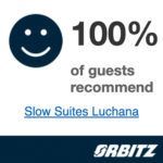 Icono azul sonriente con el texto “100% de los huéspedes lo recomiendan” y “Slow Suites Luchana”, logotipo de Orbitz debajo.