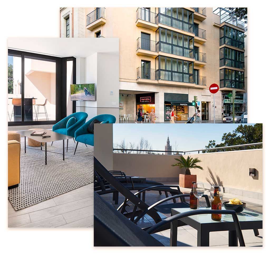 Edificio de apartamentos moderno con balcón amueblado y zona de estar al aire libre.