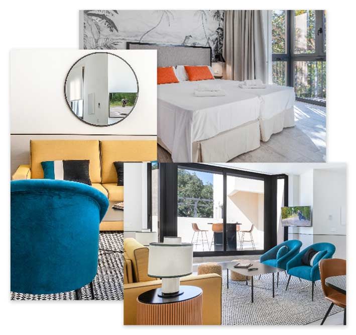 Dormitorio y salón modernos con sillas azules y mostaza, cama blanca y grandes ventanales.