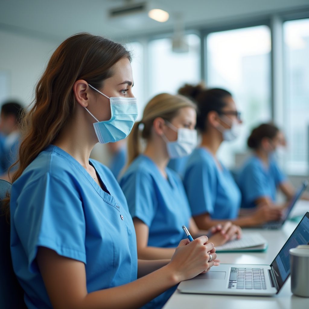 Medical students in blue scrubs and face masks attend a class with laptops.