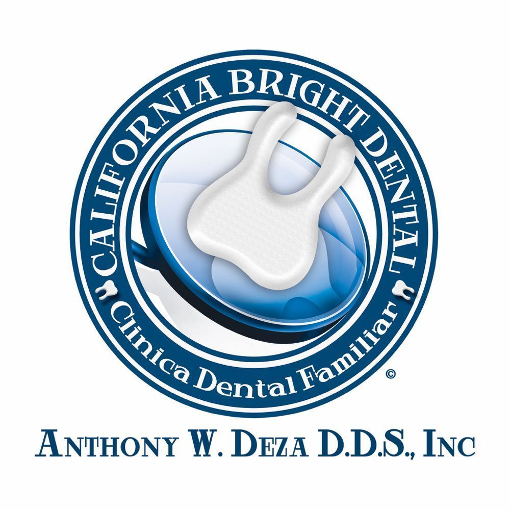 Logo for California Bright Dental. White tooth graphic inside a blue magnifying glass, surrounded by text.