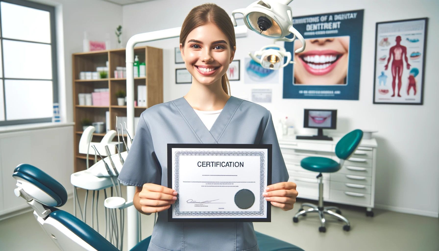 Smiling dental assistant in scrubs holding certificate in dental office.